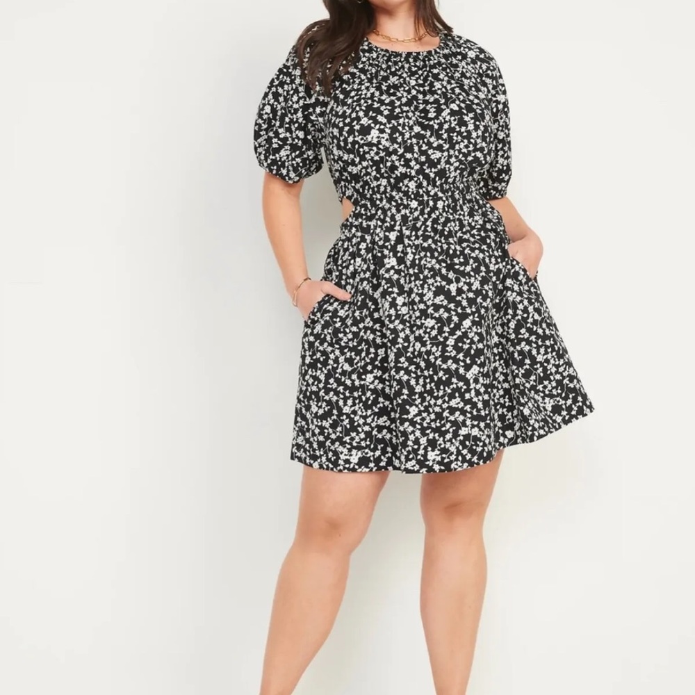 Old Navy women’s waist defined puff sleeve cotton side cut out mini dress black